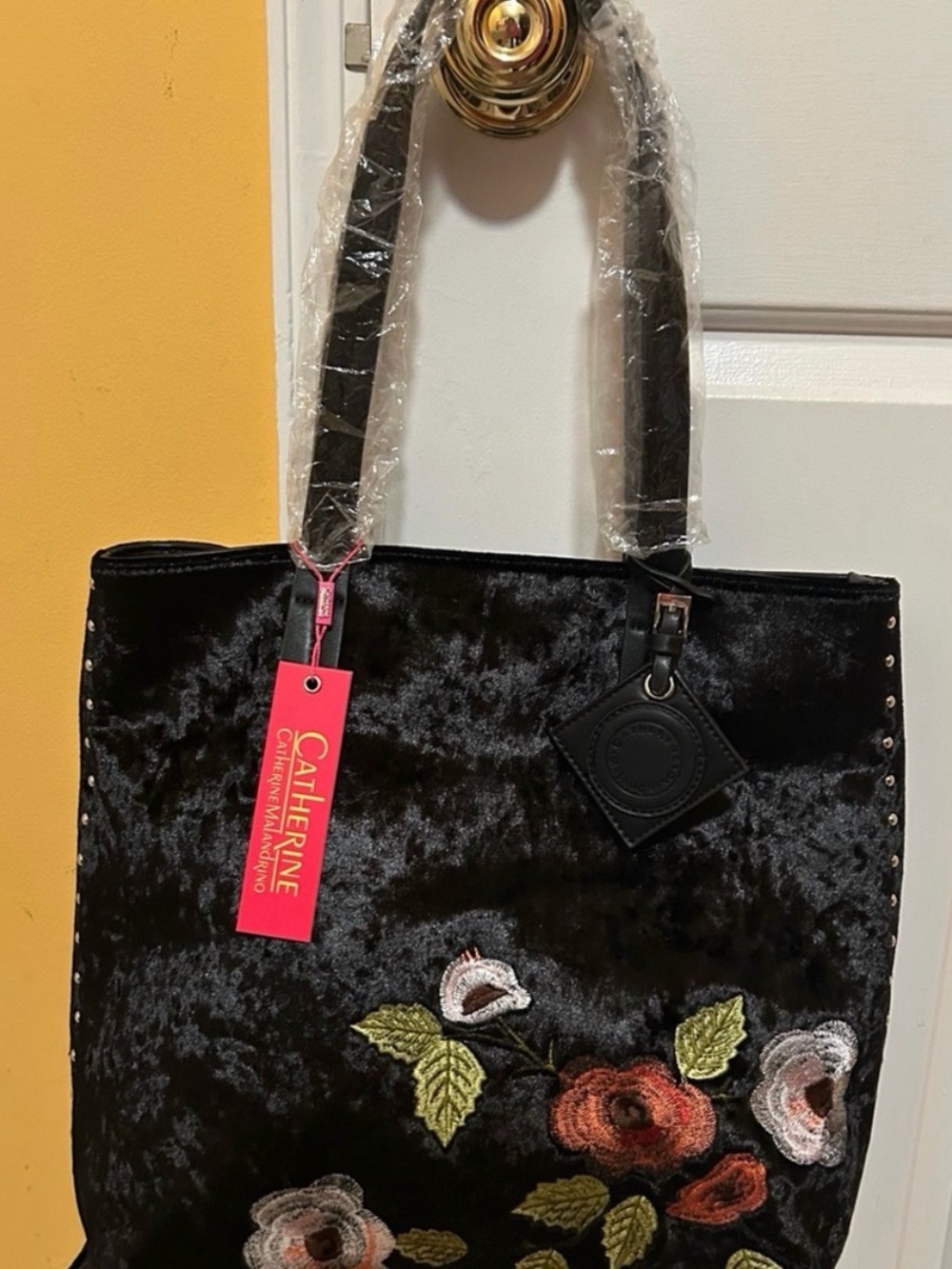 Catherines Black Velvet Tote with Embroidered Rose Accents